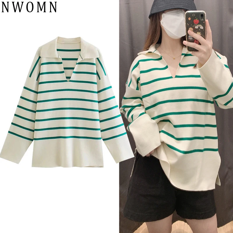 

Свитер женский в полоску, с длинным рукавом, бежевого цвета