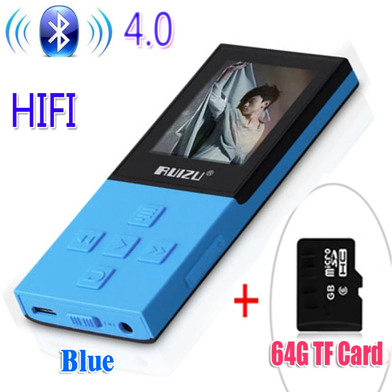 BlueWith64GBTFcard RUIZU X18 Bluetooth спортивные MP3 плеер с 8 г дой-Пак playing130Hours высокого качества без потерь Регистраторы FM для говорить - Цвет: BlueWith64GBTFcard