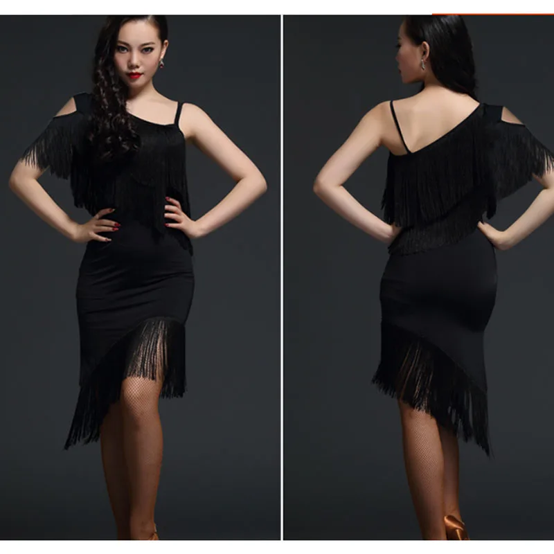 

Latin Dance Dress for Women Girls Black Red Tassel Latin Skirt Fringe Latin Tango Ballroom Salsa Cha Cha Performance Dance Dress