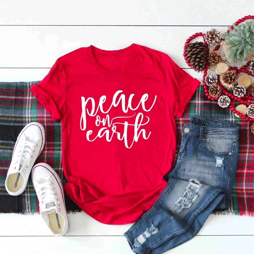 

Peace on Earth slogan red t-shirt 90s fashion women street style Christmas shirt aesthetic tumblr grunge casual tees tops K801