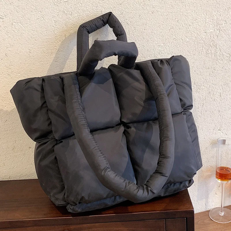 

Luxury Feather Padded Women Tote Bag Female Winter Waterproof Quilted Down Space Shoulder Bags Zipper Large Capacity Handbag