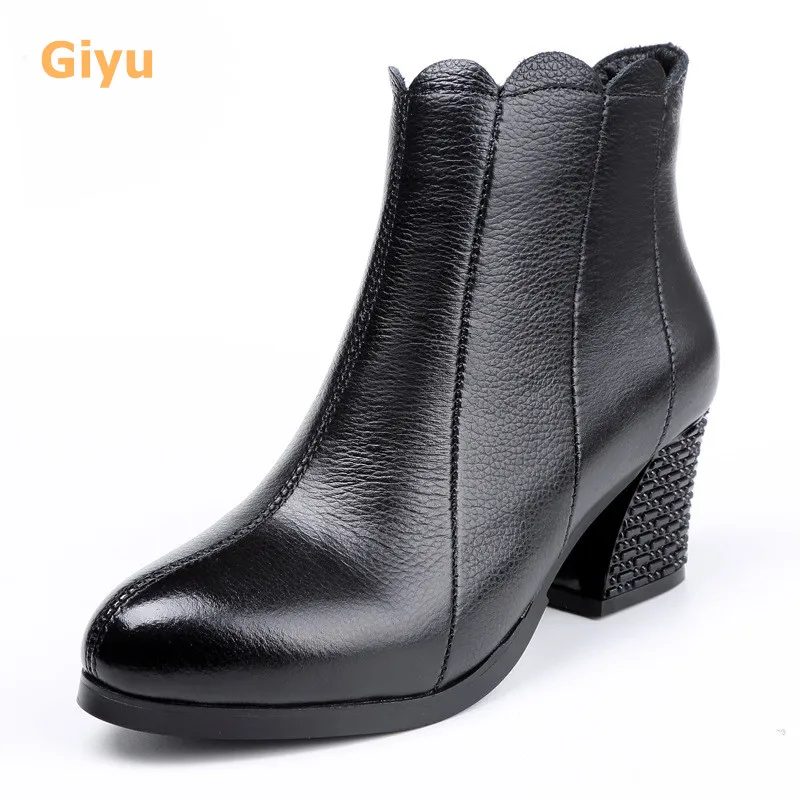 

Thick Heel Short Boots Genuine Leather Martin Boots 2021Autumn High Heels British Style Ankle Boots Black Zipper Shoes For Women
