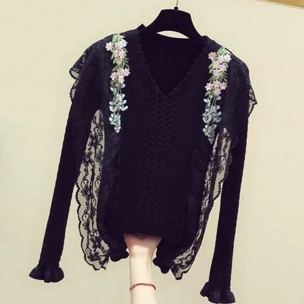 Autumn/Winter Floral Swerter Women 2019 New Lace Stitched Long-sleeved Knitted Top Sweet Embroidered Flower Sweater Girls | Женская