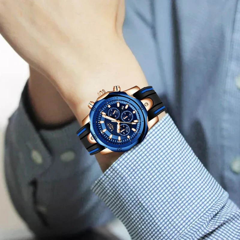 Часы наручные LIGE мужские с хронографом брендовые аналоговые кварцевые