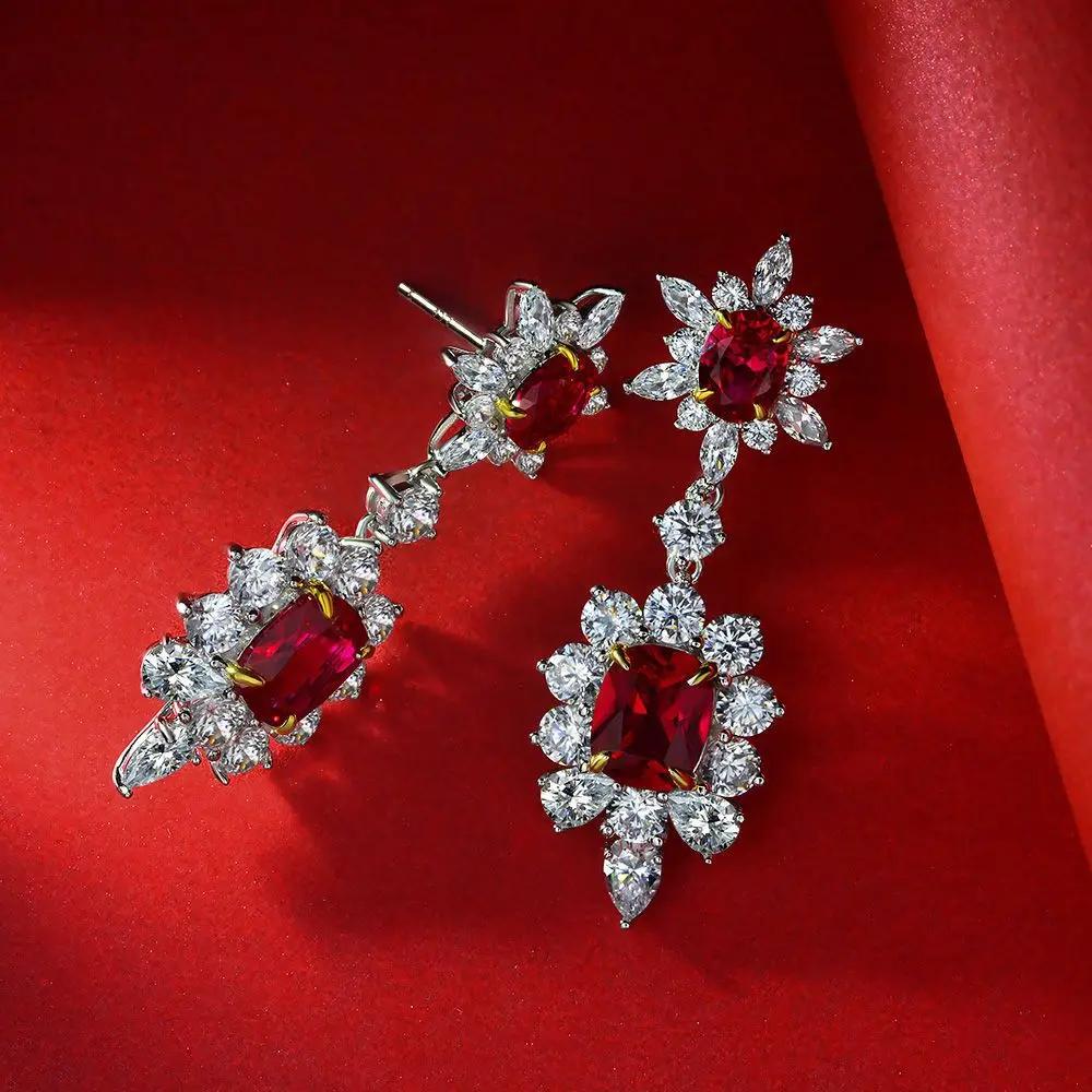 

Classic 100% 925 Sterling Silver Earring Ruby Created Moissanite Gemstone Wedding Ladies Dangle Earrings Studs Fine Jewelry Gift