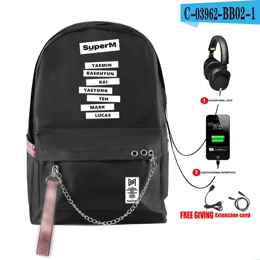 SuperM рюкзак KPOP крутой логотип команды стильный с подвесным орнаментом с USB молнией модный рюкзак для путешествий - Цвет: BB02