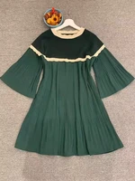 new 2022 early spring dress high quality women knitted patchwork flare sleeve casual khaki green black pleated dress clothing