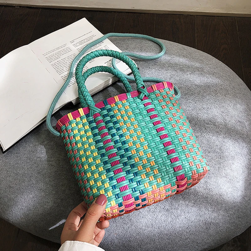 Женская сумка тканая овощная корзина Сумочка летний отдых пляж PU многоцветная