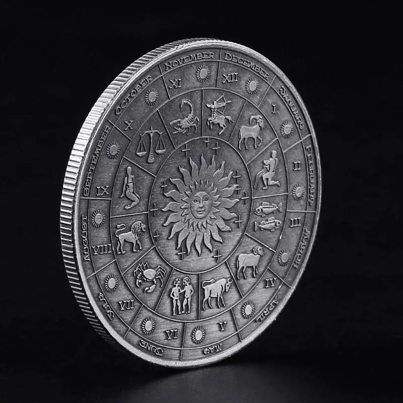 

12pcs/lot Twelve Constellations Antique Silver Coin Embossed Cancer Commemorative Coins Love Mermaid Sun God Coin