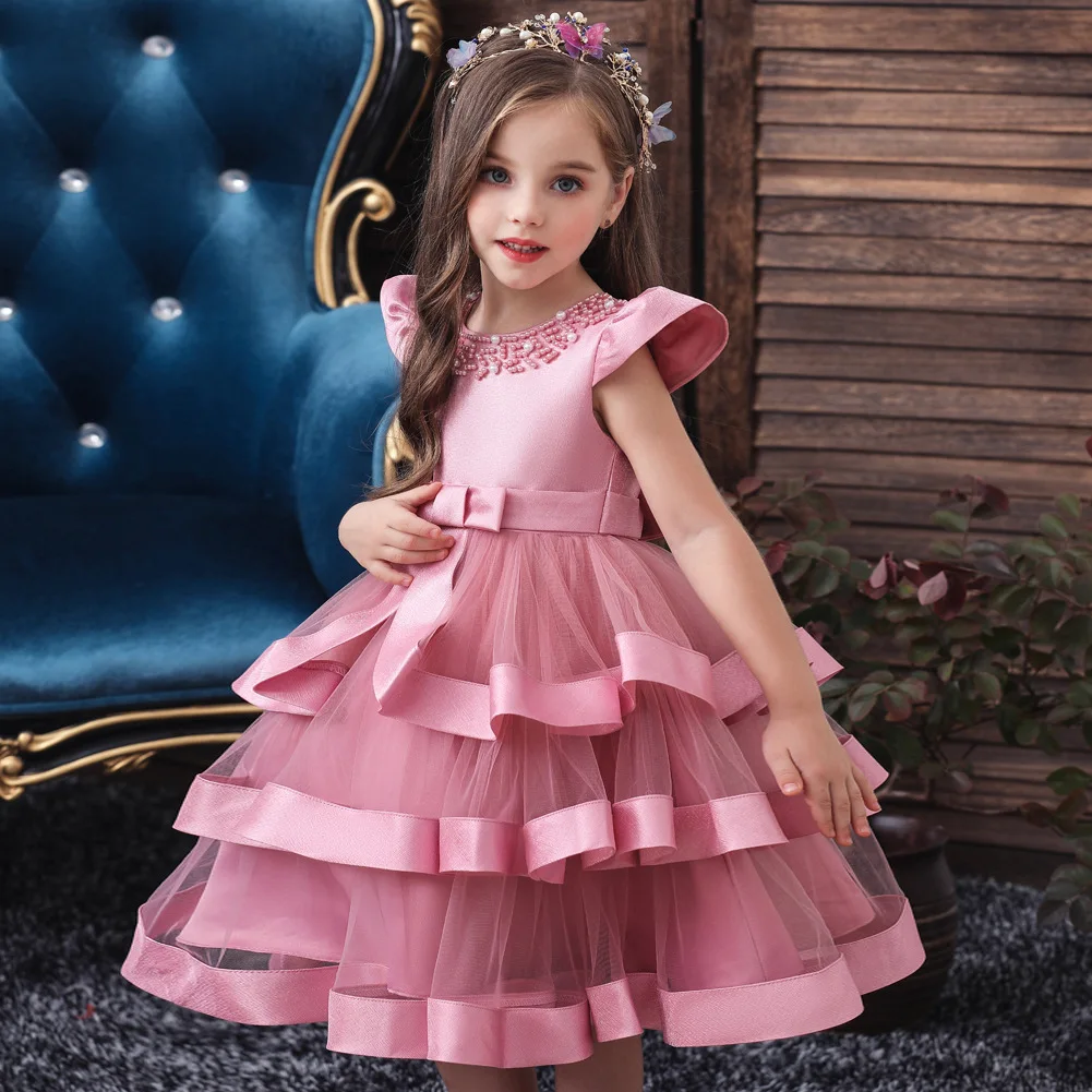 

Girls Dresses for Party Wedding Beading Layered Dress Short Sleeve Princess Dress for Kids Birthday Party Tutu Girl Summer Dress