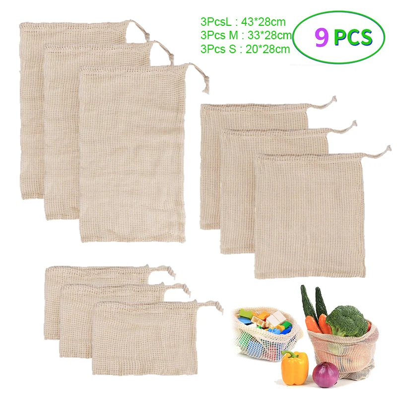 

9Pcs Reusable Cotton Mesh Bag Kitchen Fruit Vegetable Produce Bags Home Storage Bags Organizer Washable Cotton Shopping Bag