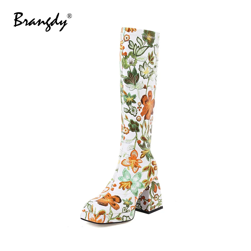 

Brangdy Fashion Women Pumps Embroidery Platform Microfiber Women Shoes Square Heels Toe Women Winter Knee Hight Boots Slip On