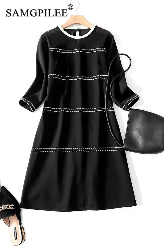 

Winter Dress For Women 2021 Casual A-line Striped Three Quarter Sleeve Plus Size Dresses Empire O-neck Autumn Clothes For Women