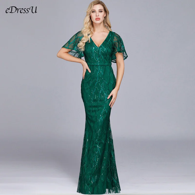 

V-Neck Elegant Long Dress Mermaid Evening Dress Tulle Evening Party Dress Vestido de Fiesta Robe Formal Prom Dress HJQ-00007