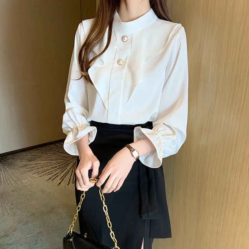 

Irisapparels New 2020 Ruffled Satin Tops Stand Collar Long Sleeve Blouses Office Lady Design Female Autumn Solid Color Shirt