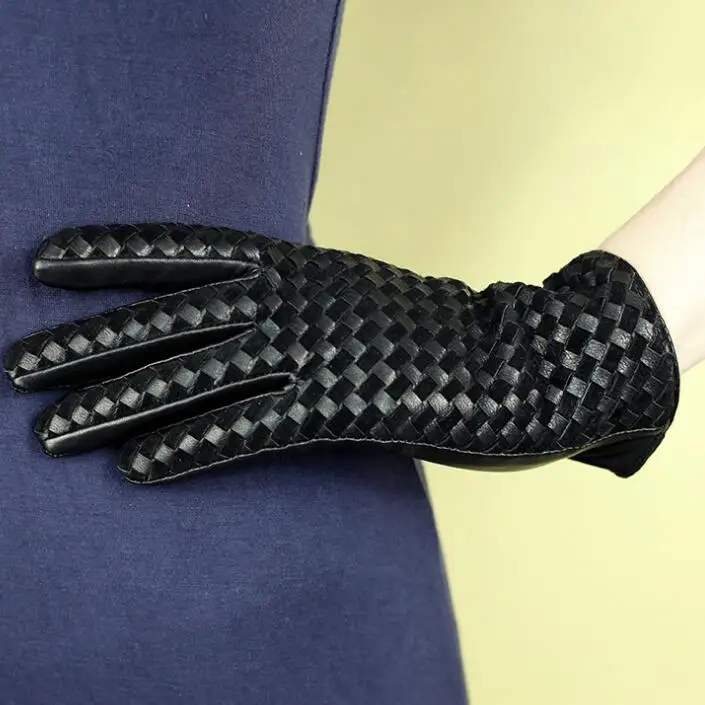 Black(Silk) Женские тонкие ручные перчатки из натуральной кожи, мотоциклетные перчатки на полный палец, бархатные толстые перчатки из овчины с сенсорным экраном - Цвет: Black(Silk)