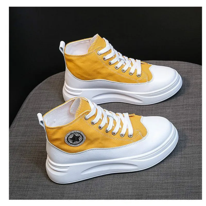 

Spring/Autumn Fashion Casual Sports Shoes Women High top Canvas Flat Platform Lace-Up Round Toe Breathable Non-slip High Quality