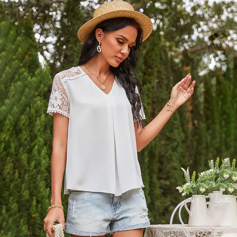 

Women 2021 New Lace Patchwork Top Casual Spring Summer Short Sleeve Blouse Ladies Loose Solid V Neck Pullover Tops