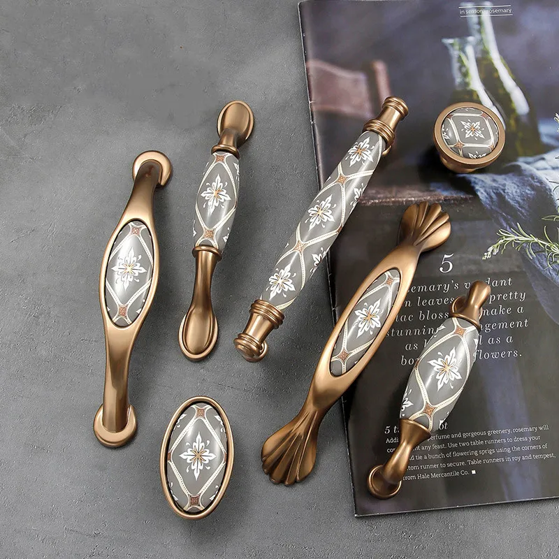 

Pastoral-style Ceramic Pulls Grey Drawer Vintage Knob and Handle European Kitchen Cabinet Handles for Furniture Hardware