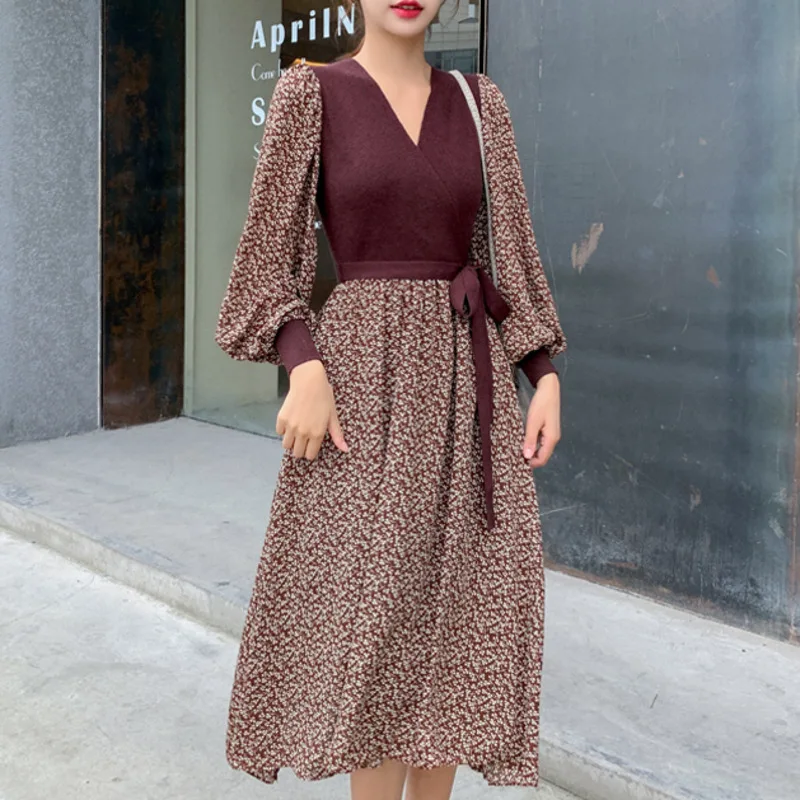 

Autumn Vintage Knitted Patchwork Long Dress Women Elegant V-Neck Lantern Long Sleeve Vestidos Female High Waist Robe 2021 New