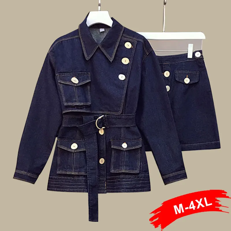 

Slim Plus Size Vintage Sashes Multi Pockets Mid Long Denim Jackets+single Breasted Mini A-line Skirts Fashion Women 2 Piece Set