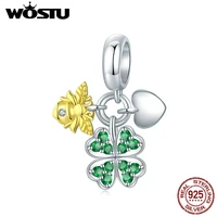wostu authentic 925 sterling silver lucky clover with bee pendant charm fit original beads bracelet necklace diy jewelry ctc303
