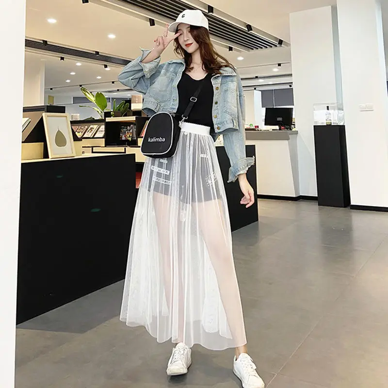 

Прозрачная сетчатая юбка с высокой талией, привлекательные солнцезащитные длинные юбки, плиссированная юбка, длинная юбка средней длины из...