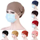Женский тюрбан с пуговицами, простой однотонный головной платок с держателем для маски, головной платок, женские мусульманские шапки, женские повседневные тюрбаны, головной убор