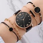 Комплект из 5 предметов, стильные модные женские Роскошные Аналоговые кварцевые наручные часы с кожаным ремешком, женские часы под платье, женские черные часы