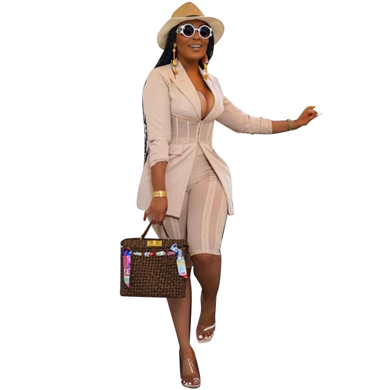 

Office Lady 2 Piece Short Suits Full Sleeve Notched Top Skinny Shorts Set Women Autumn Fashionable Temperament Workplace Outfits
