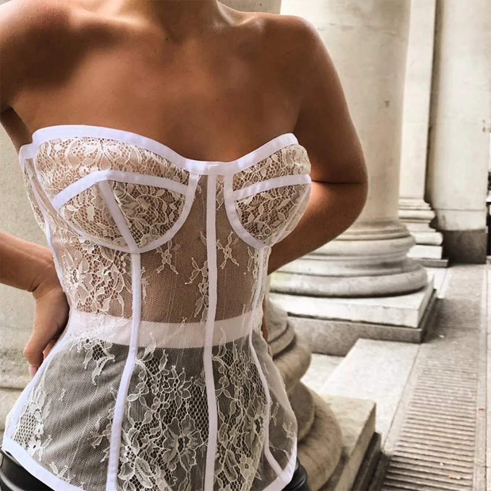 

Lofrcy Crop Tops Woman Corset Sleeveless Lace Up See Through Summer Party Bustier Mesh Tube Tops