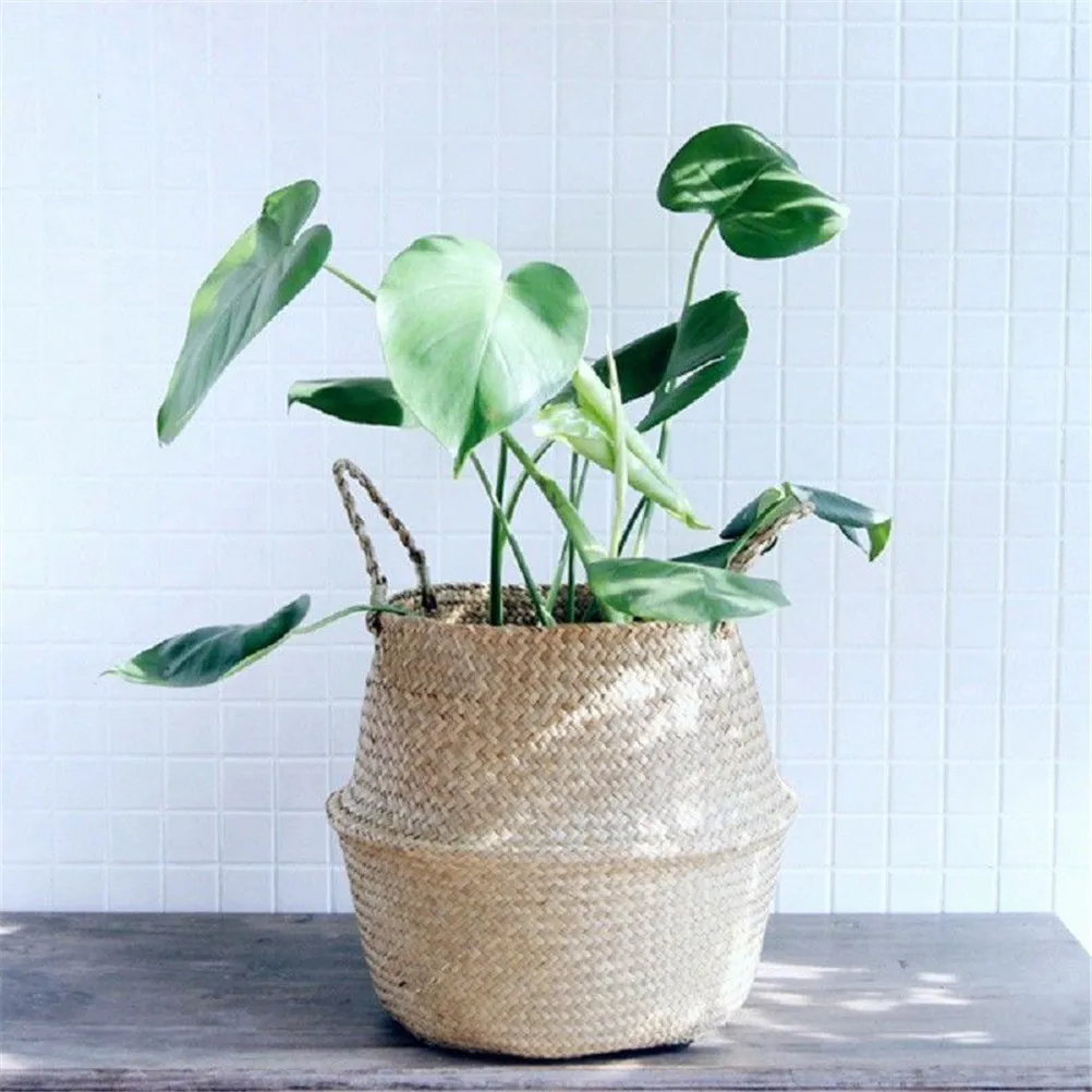 

Basket Rattan Folding Wicker Handle Round Natural Sea Grass Plant Storage Wood Garden Planter Flower Pot Decoration