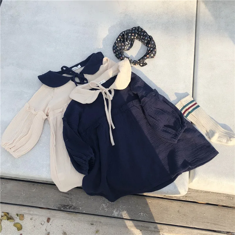 Spring Summer Korean style pure cotton yarn doll collar long sleeve dresses for girls cute kids all-match princess dress | Детская