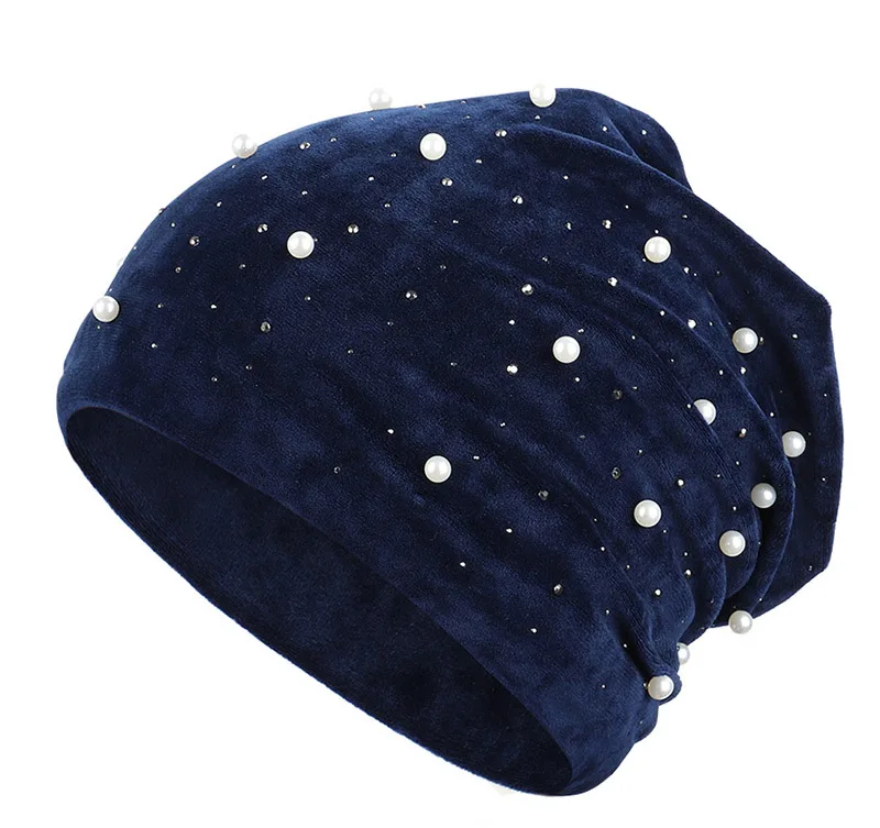 Горячая Распродажа 2019 модные однотонные женские шапочки Skullies Beanies с жемчугом