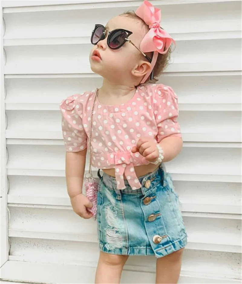 

Baby Girls Fashion Clothing Set Polka Dot T Shirt Top + Ripped Denim Skirt 1-6Y Kids Children Summer Casual Outfits Set