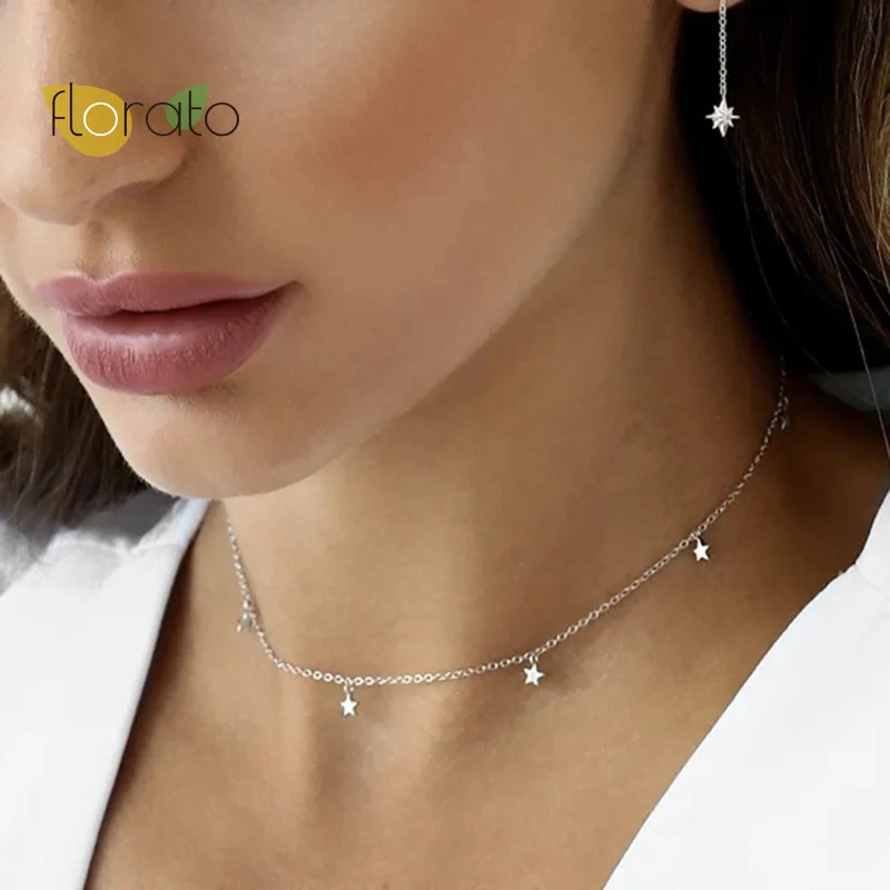 

Gold Color Star Party Necklace For Women Real 925 Sterling Silver Zircon Mini Star Choker Necklace Minimalist Fashion Jewelry