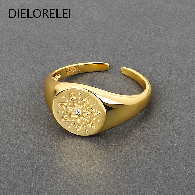 

DIELORELEI 925 Sterling Silver Style Compass CZ Paved Sunflower Pattern Opening Ring Accessories Gift Temperament Niche Simple