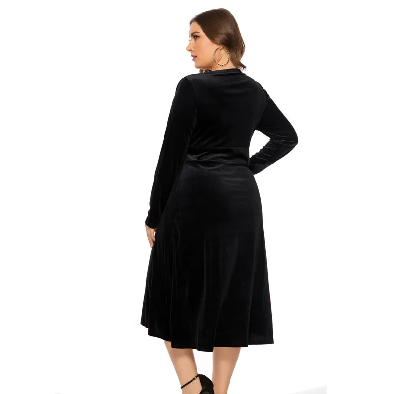 

Autumn New Plus Size Women's Dress Elegant V-Neck Long Sleeve Velvet Solid Office Ladies Vintage Oversize Basic Woman Clothing