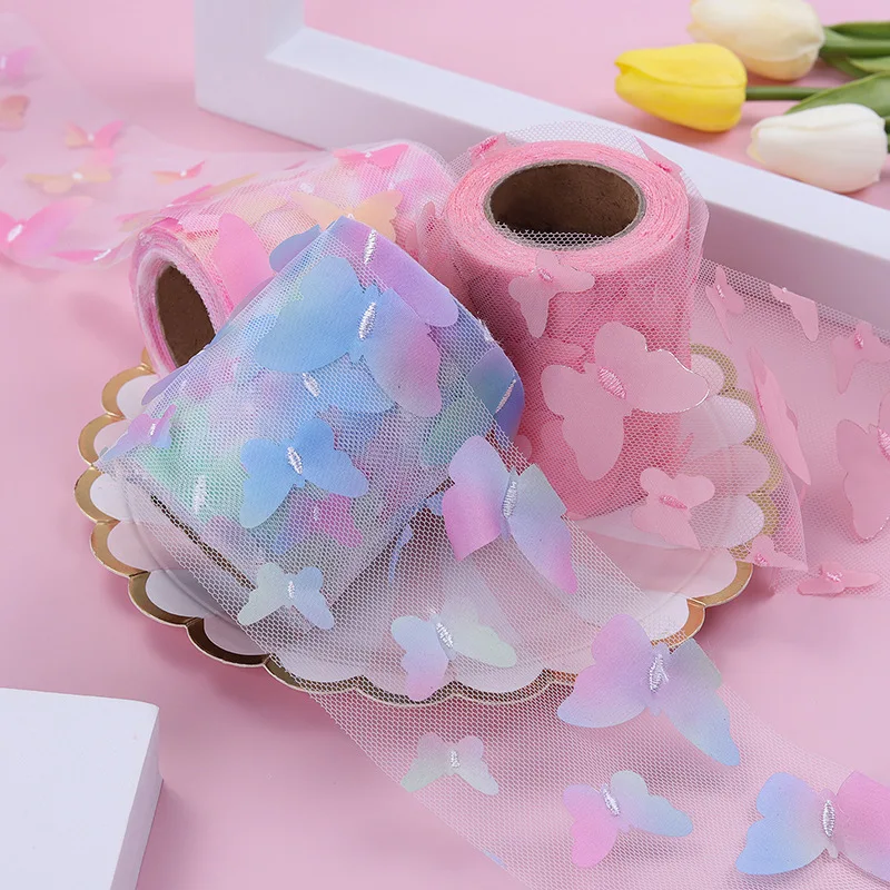 Лента из органзы градиентная разноцветная с бабочками 10 ярдов в рулоне кружевная