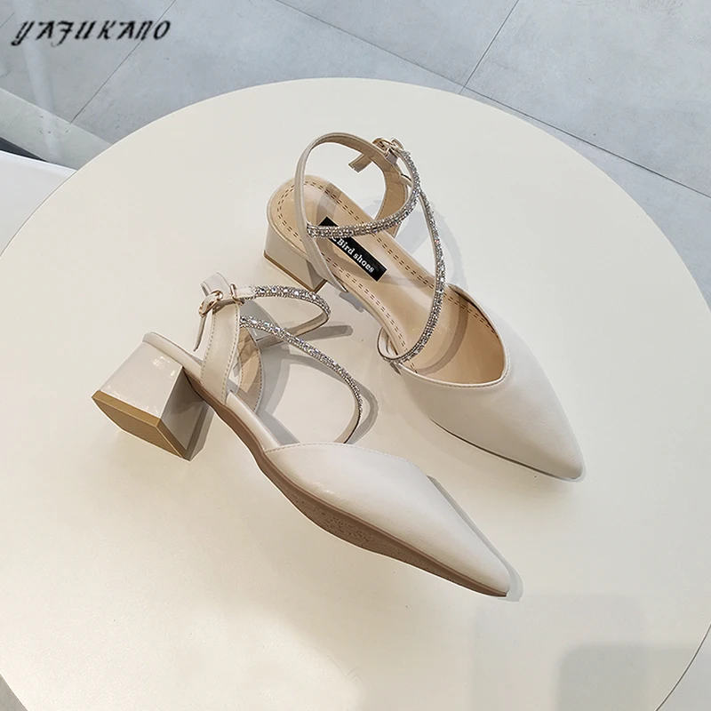 

5 Cm Fashion Pointed Toe Mid-Heel Sandals Sexy Rhinestone Band Party Dress High Heels Shallow Lady Pumps Thick Heel Rome Shoes