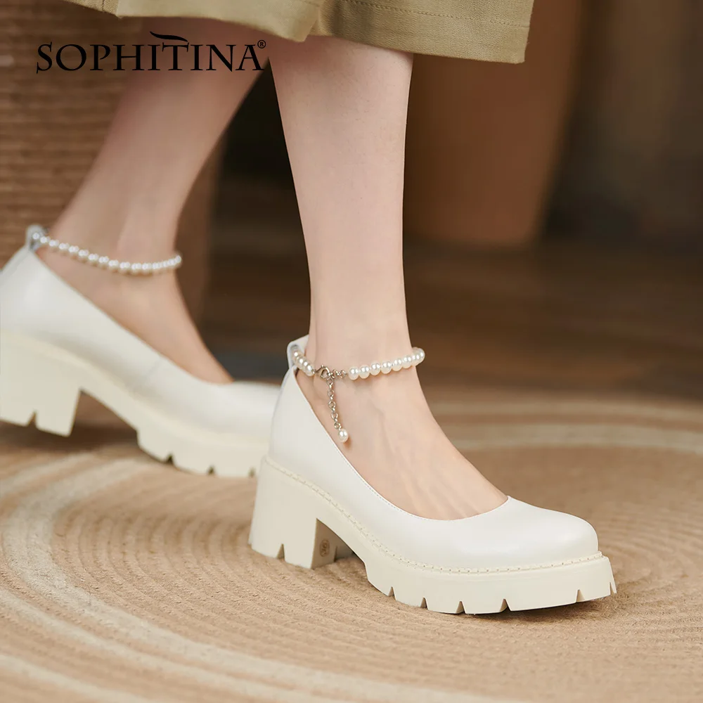 

Женские повседневные туфли SOPHITINA, туфли-лодочки из натуральной кожи на квадратном каблуке, с круглым носком, со шнурками и бусинами, DO990