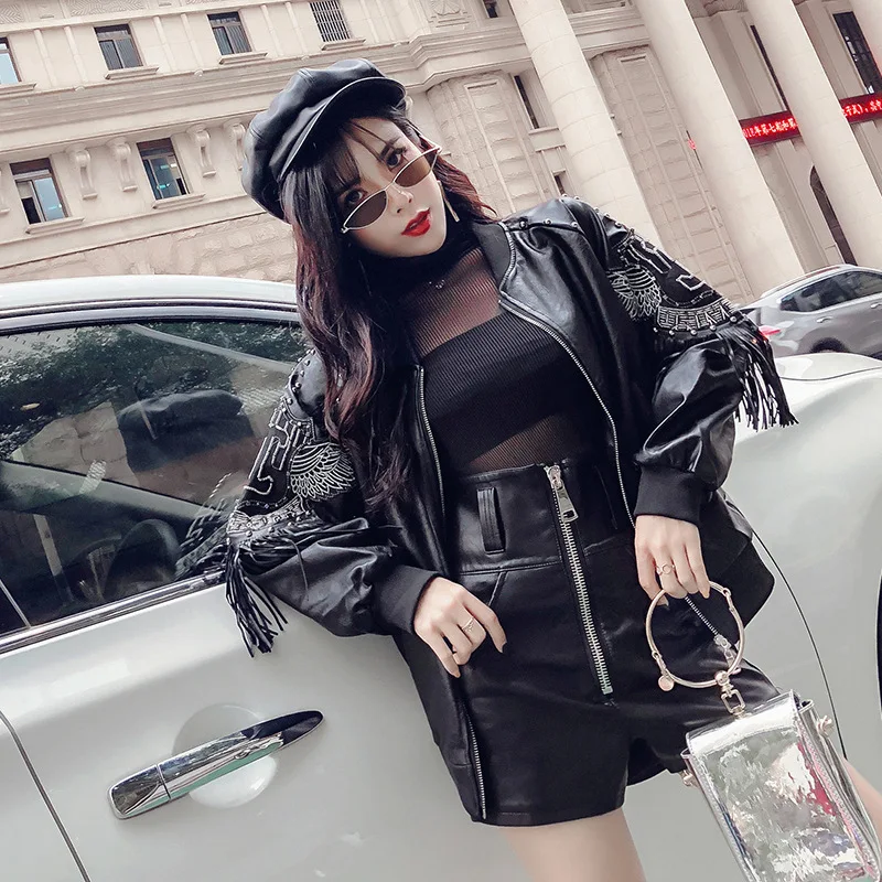 

Tassel Rivet Oversized Jacket Faux Leather Jacket Women Moto Coat Black Biker jaquetas couro Casaco chaqueta women's jacket Y441