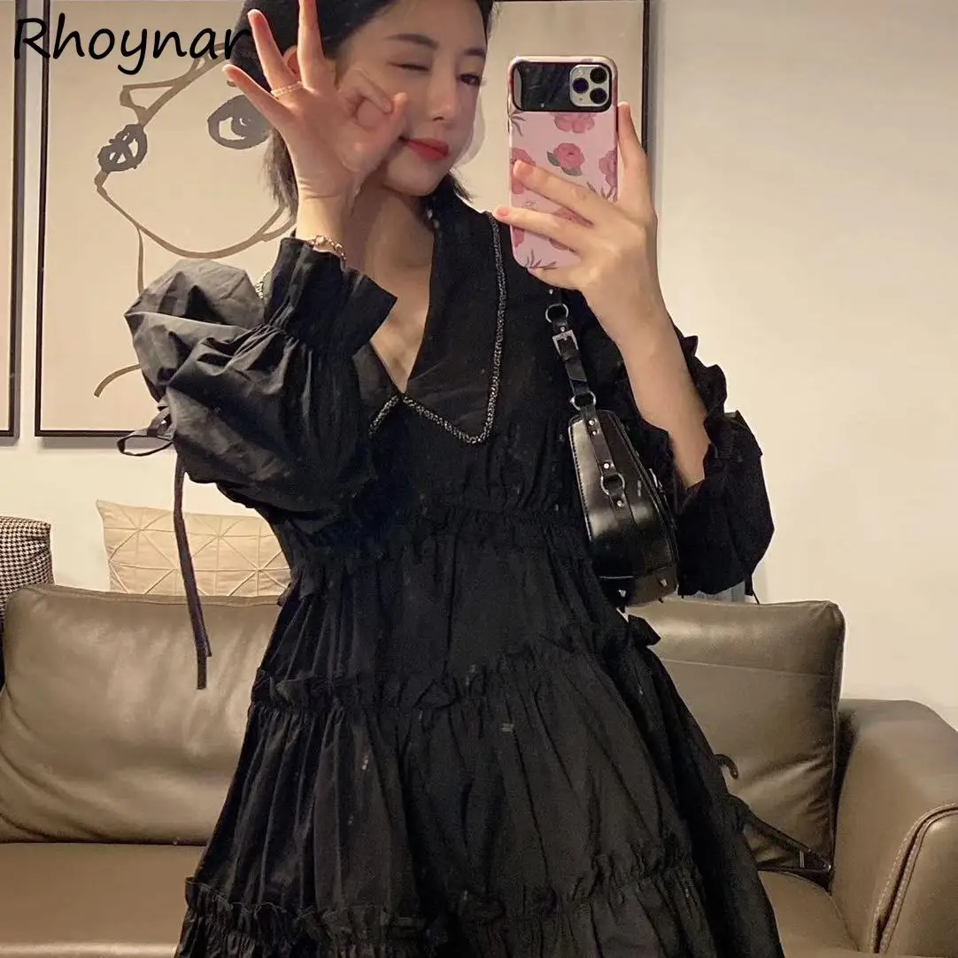 

Long Flare Sleeve Dress Women Mid-calf Turn Down Collar Ruffles Girlish Japanese Style Dark Fashion Clubwear Casual Autumn Ins