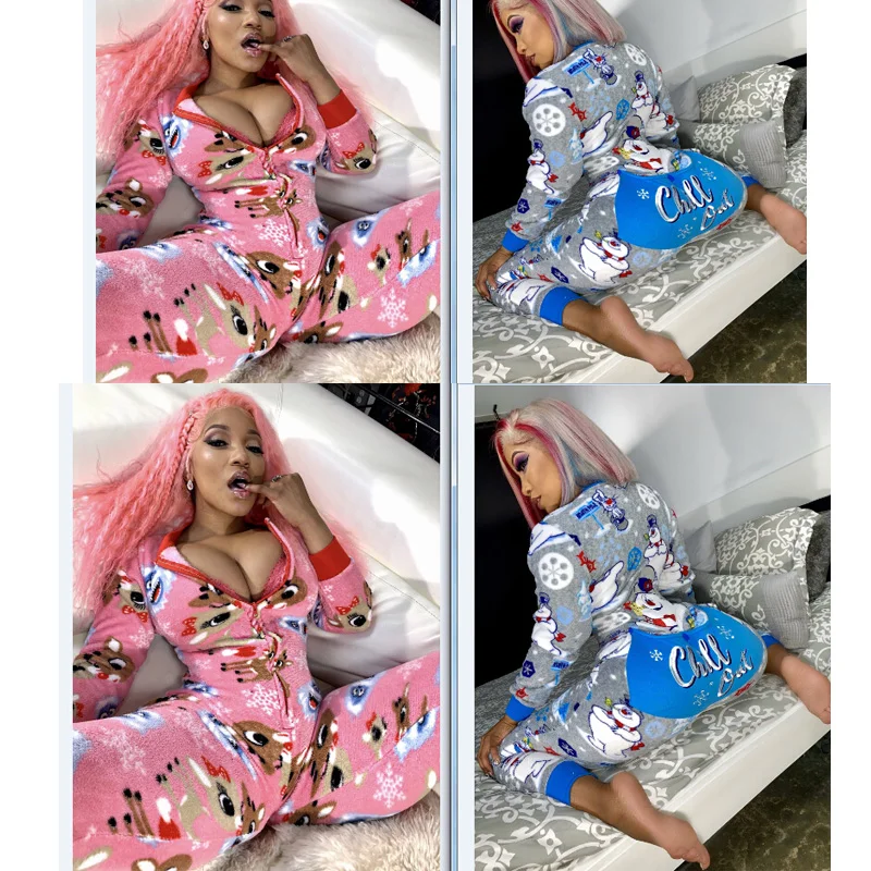 

Cartoon Print Women Jumpsuits Pajamas Xmas Deer Snowman Printing Long-Sleeves Casual Romper with Zipper Autumn Outfit