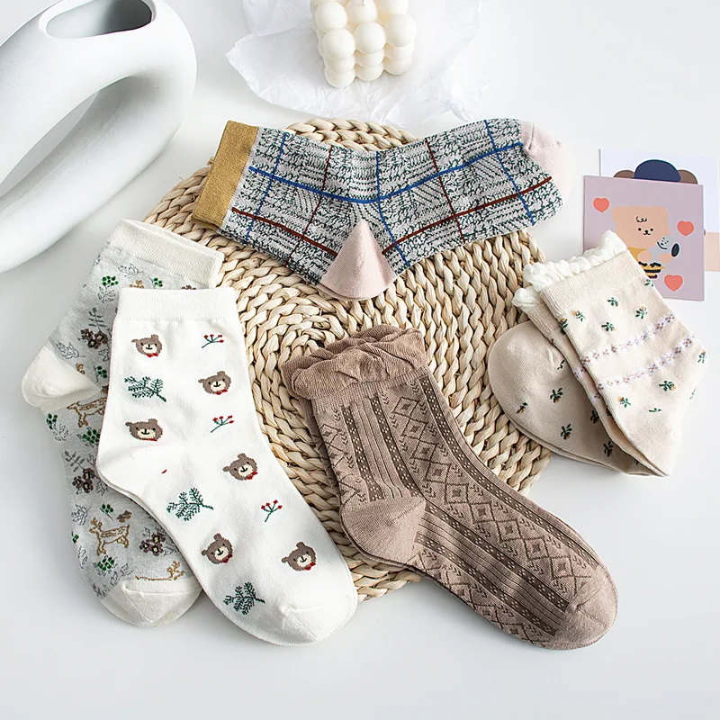 5 Pairs Socks Ruffles Autumn Squirrel Cotton Design High Quality Kawaii Lolita Seersucker Edge Style Girl Women's Socks Cute Set