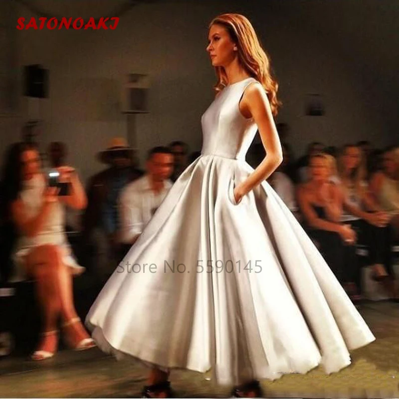 

Modern Evening Dress 2022 Tea Length Jewel Neck A Line Prom Party Celebrity Gowns With Pocket Custom Made Vestidos Sukienki