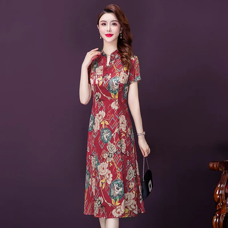 Платье женское шелковое на молнии с тонким принтом V-образным вырезом простое