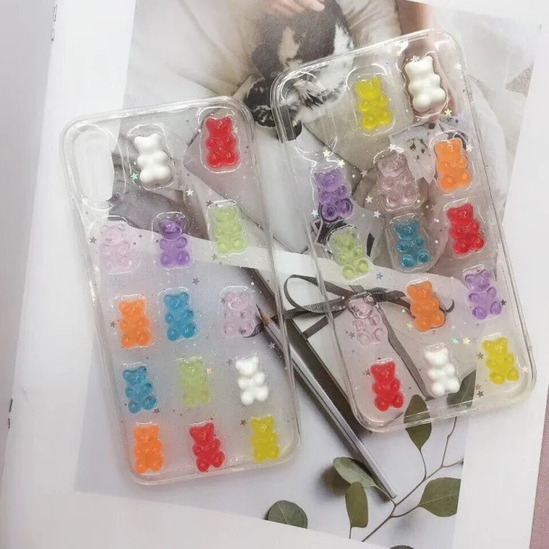

Candy Color Case for IPhone 11 12 Pro Max Epoxy Bear Apple Xr 6 7 8 Plus Xs Max 12mini Transparent Protective Cover