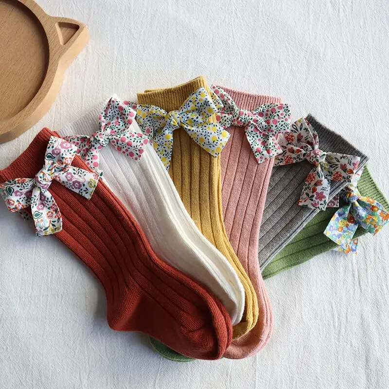 От 0 до 5 лет платье для маленьких девочек носки с цветочным принтом бантиком