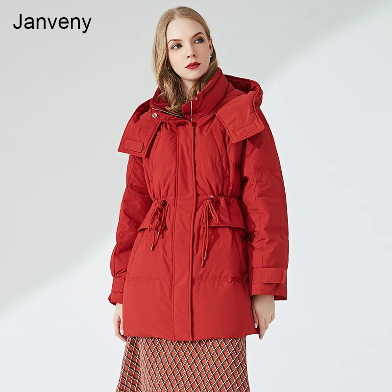 

Janveny 90% White Duck Down Jacket Women Middle Long 2021 Winter Big Pocket Loose Thickness Sash Tie Up Coat Female Puffer Parka